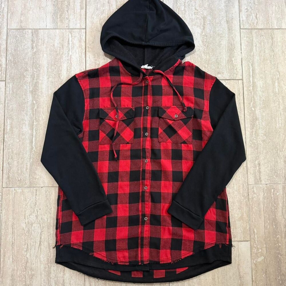 Goth Long Sleeve oversized Black Red Plaid Button down hoodie Sz L Punk Goth emo